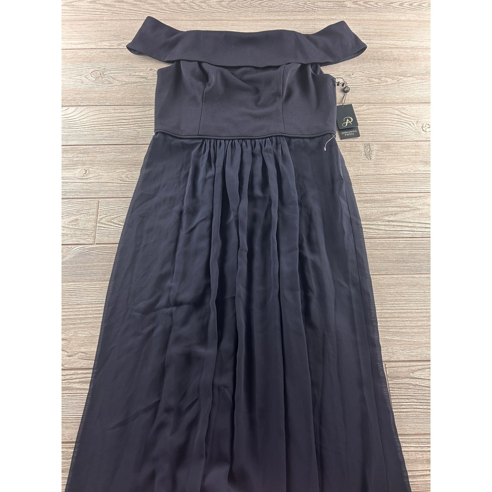 Adrianna Papell Navy Blue Off The Shoulder Chiffon Maxi Gown Dress Size 10 NEW